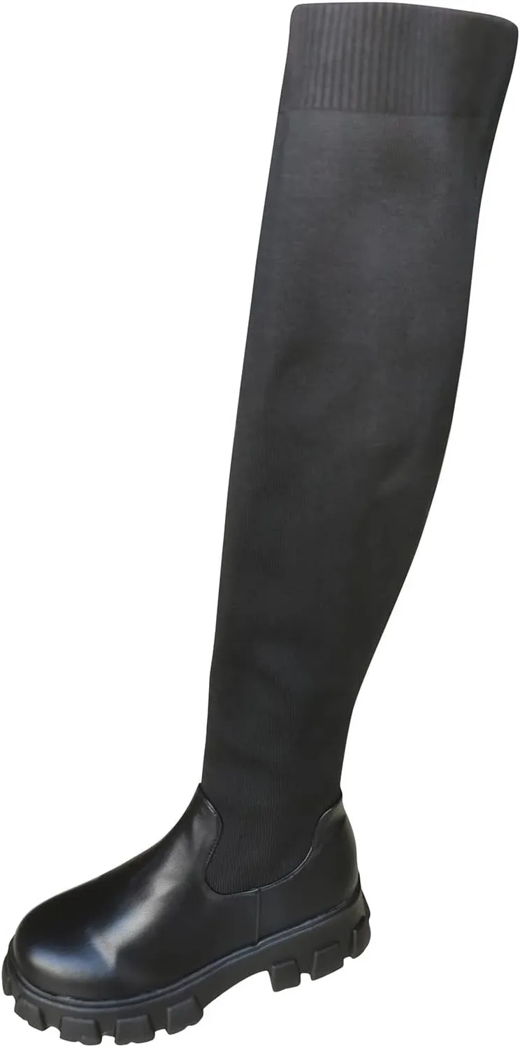Womenyiaor Women's Thigh High Boots, Platform Over The Knee Boots Chunky Heel Long Stretch Knee High Boots Comfortable Round Toe Fashion Suede Winter Boots