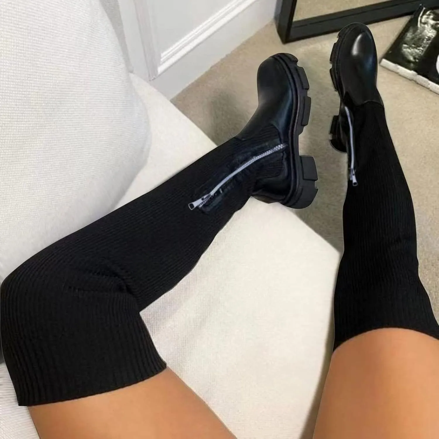 Womenyiaor Women's Thigh High Boots, Platform Over The Knee Boots Chunky Heel Long Stretch Knee High Boots Comfortable Round Toe Fashion Suede Winter Boots