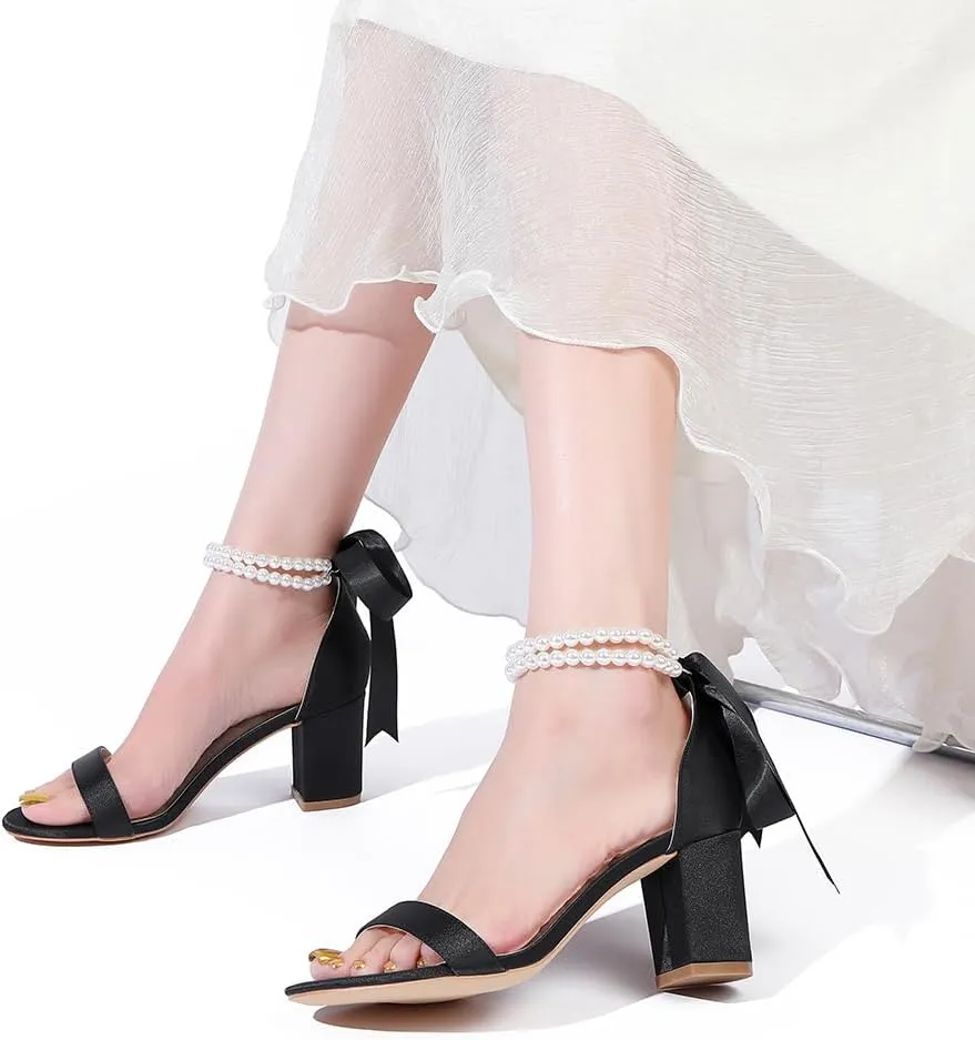Wome's Open Toe Pearl Wedding Shoes High Heels,Satin Block Heel Ankle Strap Wedding Sandals,Chunky Heel Bridal Shoes Pumps