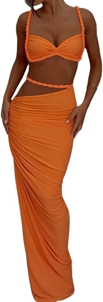 Wuitrie Sexy Two Piece Skirt Set for Women Summer Sexy Camisole and Slim Hip Long Skirt Solid Colour Maxi Skirts Sets