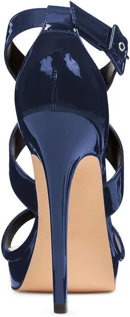XYD Sexy Low Platform High Heel Sandals Crossover Strappy Open Toe Pumps Patent Leather Pub Party Shoes for Women