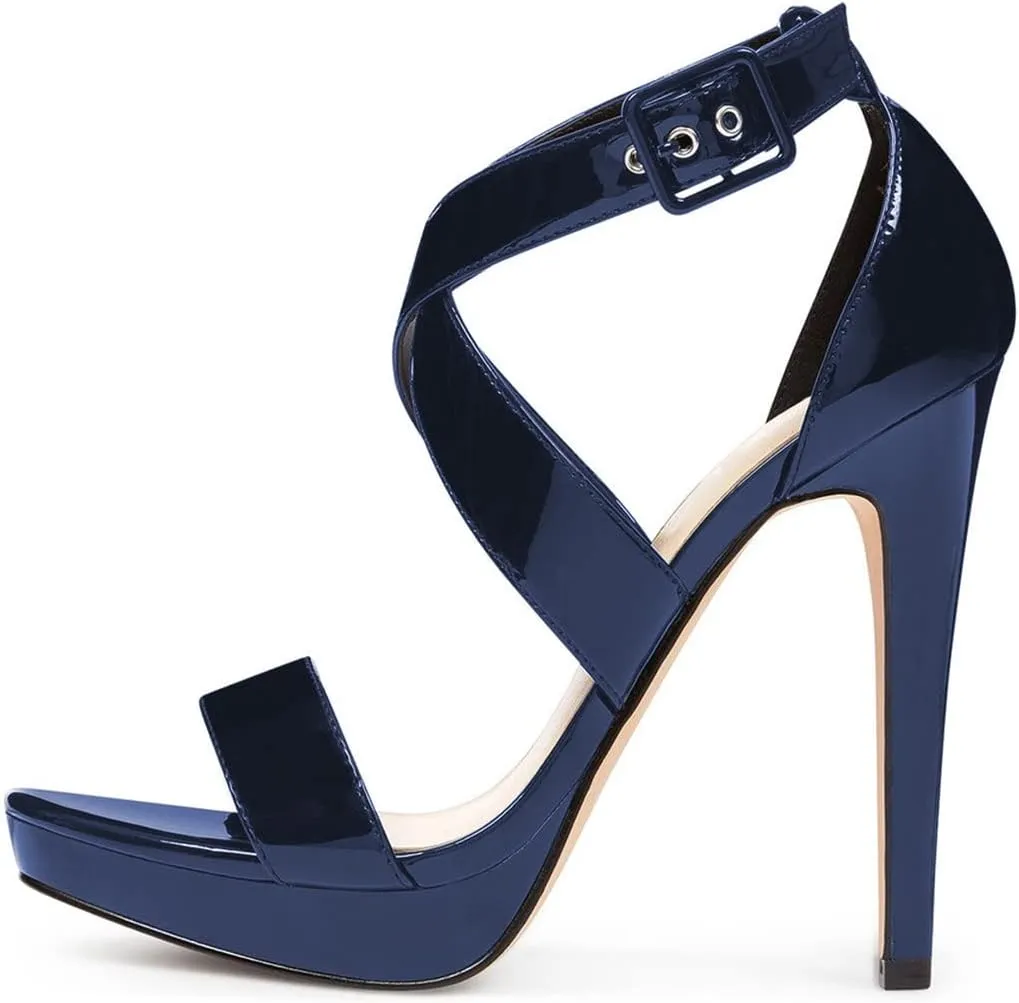 XYD Sexy Low Platform High Heel Sandals Crossover Strappy Open Toe Pumps Patent Leather Pub Party Shoes for Women