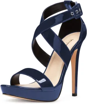 XYD Sexy Low Platform High Heel Sandals Crossover Strappy Open Toe Pumps Patent Leather Pub Party Shoes for Women