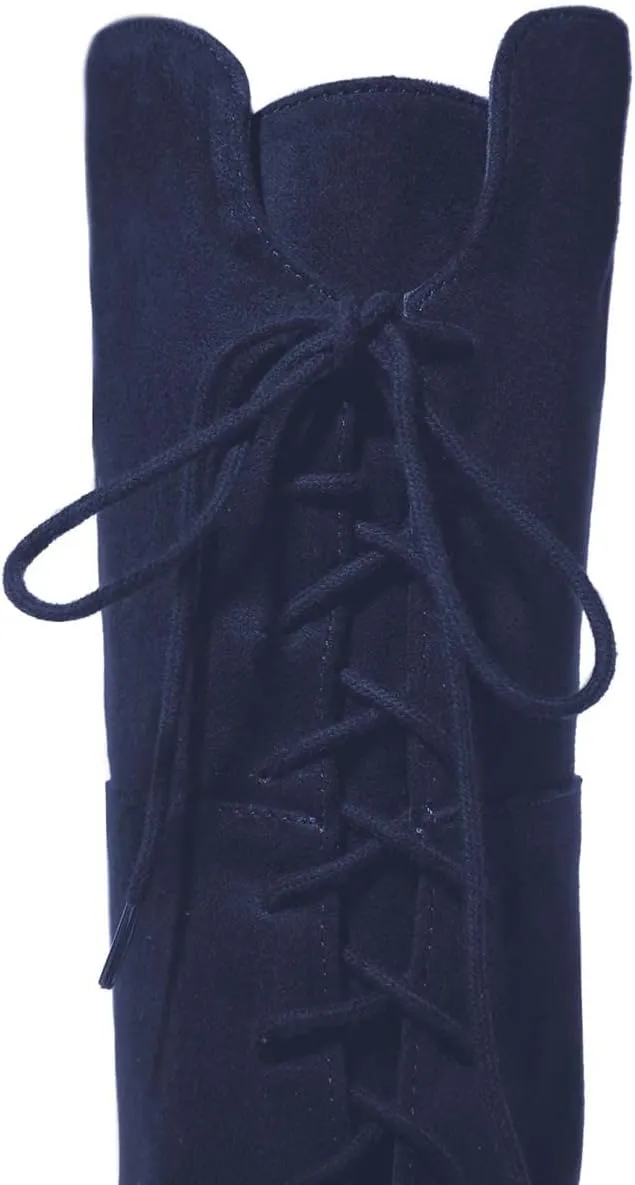 XYD Women Back Lace Up Knee High Boots Suede Chunky Mid Heel Stretch Sexy Thigh High Plicate Pull On Style Round Toe Winter Warm Dress Shoes
