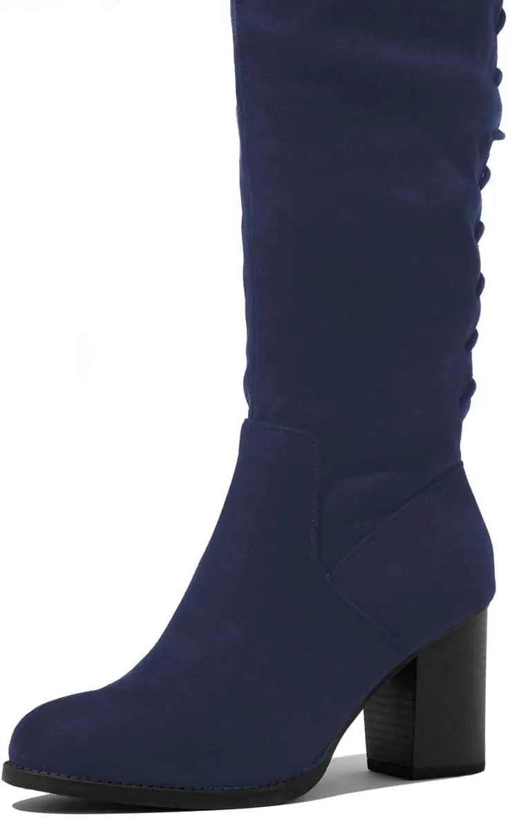 XYD Women Back Lace Up Knee High Boots Suede Chunky Mid Heel Stretch Sexy Thigh High Plicate Pull On Style Round Toe Winter Warm Dress Shoes
