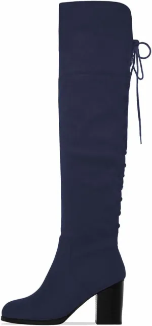 XYD Women Back Lace Up Knee High Boots Suede Chunky Mid Heel Stretch Sexy Thigh High Plicate Pull On Style Round Toe Winter Warm Dress Shoes