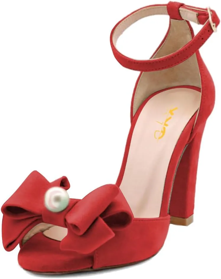 XYD Women Glossy Pearl Chunky Block Heel Sandals Ankle Strap Open Toe Bowtie Pumps Fashion Bridal Wedding Evening Shoes
