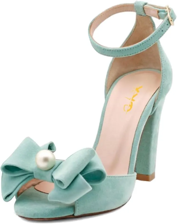 XYD Women Glossy Pearl Chunky Block Heel Sandals Ankle Strap Open Toe Bowtie Pumps Fashion Bridal Wedding Evening Shoes