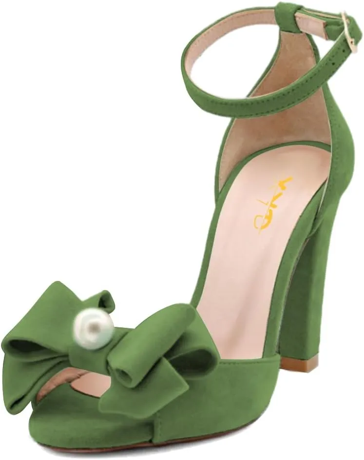 XYD Women Glossy Pearl Chunky Block Heel Sandals Ankle Strap Open Toe Bowtie Pumps Fashion Bridal Wedding Evening Shoes