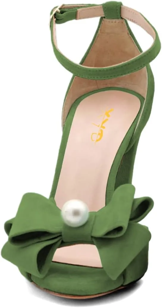 XYD Women Glossy Pearl Chunky Block Heel Sandals Ankle Strap Open Toe Bowtie Pumps Fashion Bridal Wedding Evening Shoes