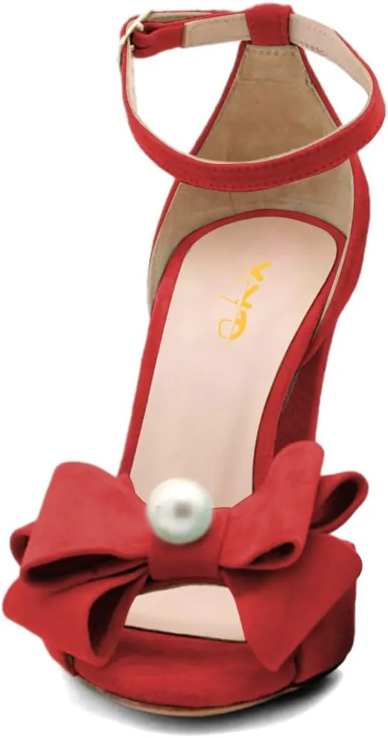 XYD Women Glossy Pearl Chunky Block Heel Sandals Ankle Strap Open Toe Bowtie Pumps Fashion Bridal Wedding Evening Shoes