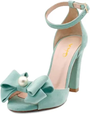 XYD Women Glossy Pearl Chunky Block Heel Sandals Ankle Strap Open Toe Bowtie Pumps Fashion Bridal Wedding Evening Shoes
