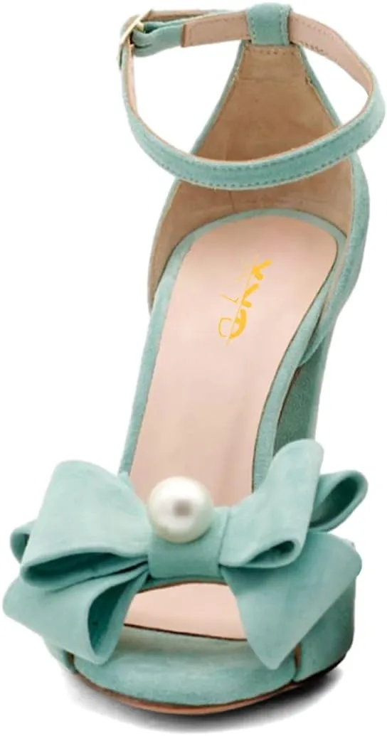 XYD Women Glossy Pearl Chunky Block Heel Sandals Ankle Strap Open Toe Bowtie Pumps Fashion Bridal Wedding Evening Shoes