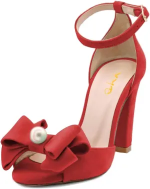 XYD Women Glossy Pearl Chunky Block Heel Sandals Ankle Strap Open Toe Bowtie Pumps Fashion Bridal Wedding Evening Shoes