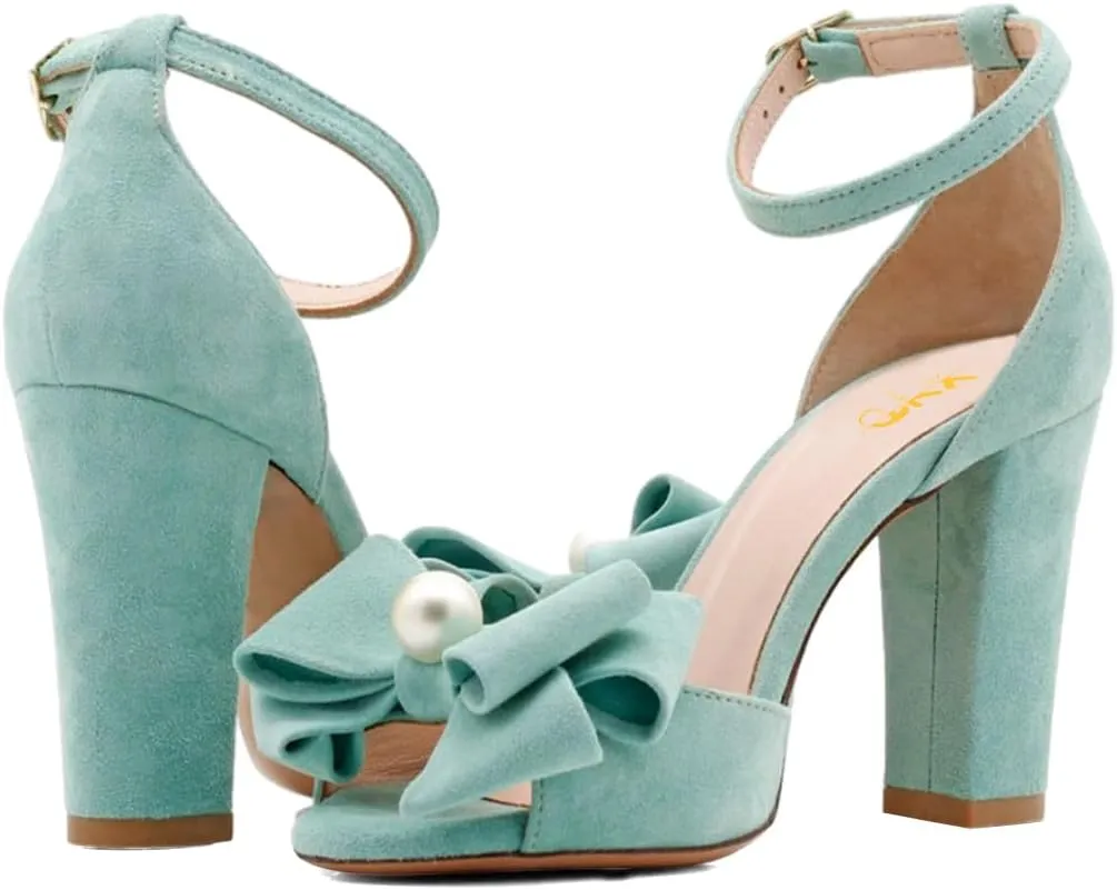 XYD Women Glossy Pearl Chunky Block Heel Sandals Ankle Strap Open Toe Bowtie Pumps Fashion Bridal Wedding Evening Shoes
