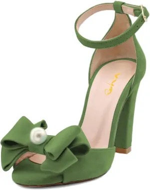 XYD Women Glossy Pearl Chunky Block Heel Sandals Ankle Strap Open Toe Bowtie Pumps Fashion Bridal Wedding Evening Shoes
