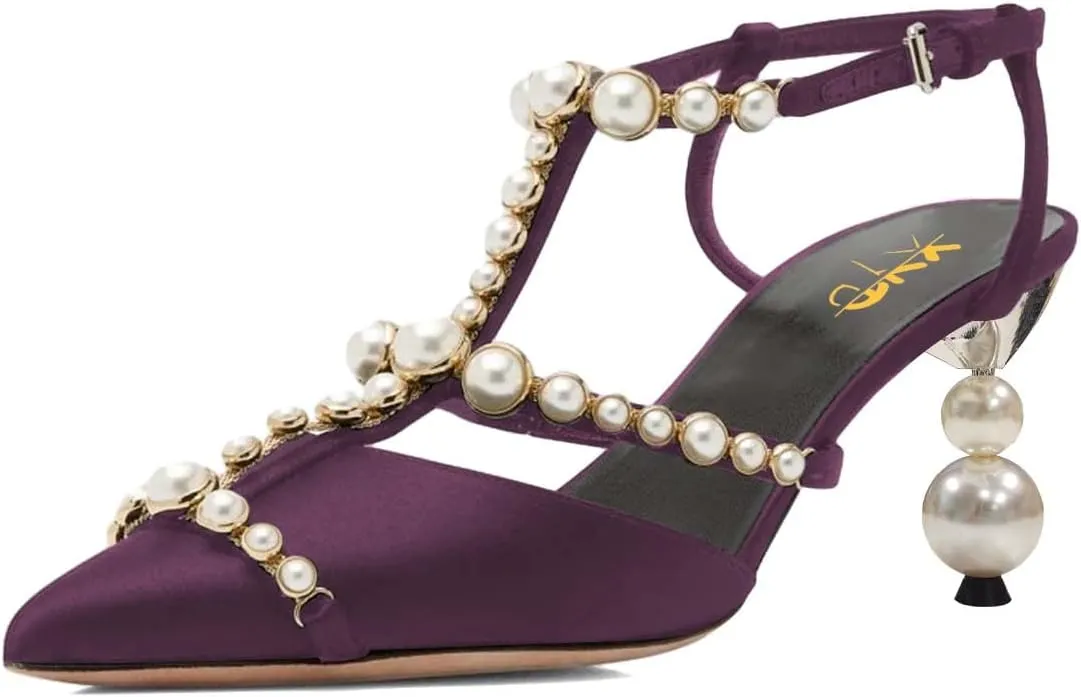 XYD Women Strappy Pumps Pearls Ornaments Pointed Toe Mid Heel Sandals Slingback Bridal Wedding Evening Dress Shoes