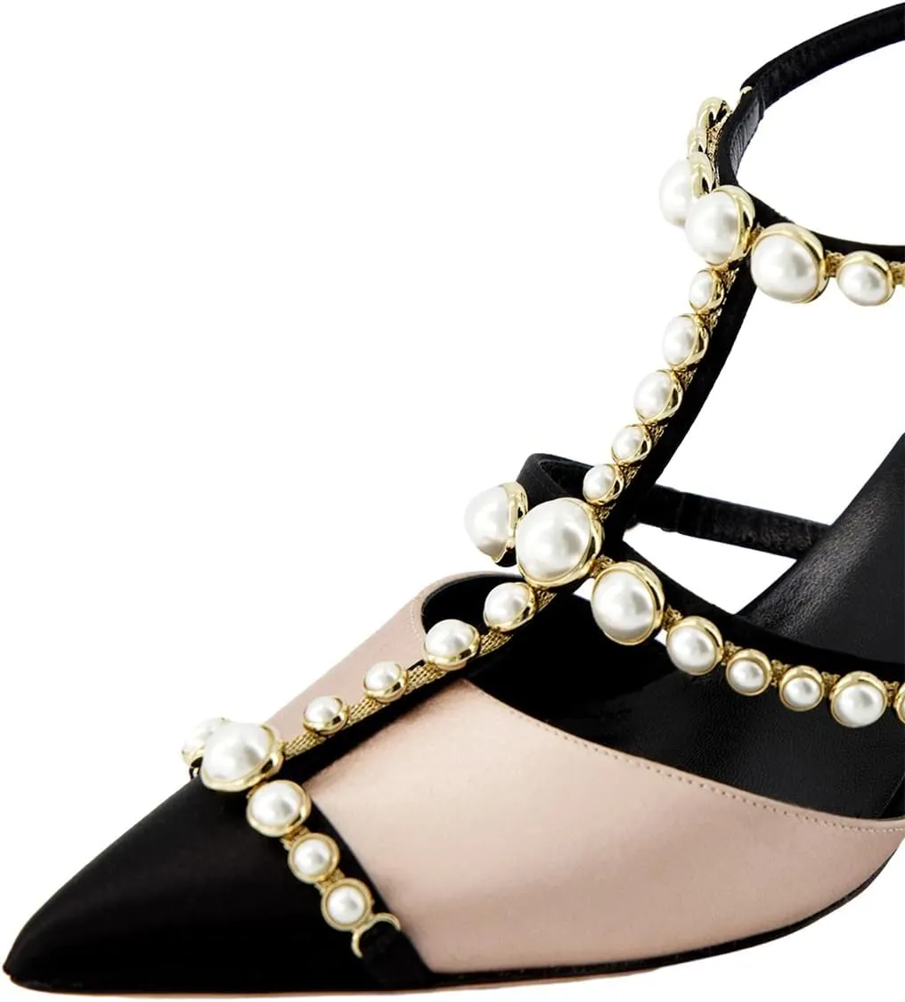 XYD Women Strappy Pumps Pearls Ornaments Pointed Toe Mid Heel Sandals Slingback Bridal Wedding Evening Dress Shoes