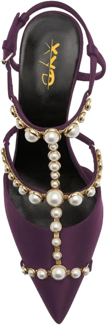 XYD Women Strappy Pumps Pearls Ornaments Pointed Toe Mid Heel Sandals Slingback Bridal Wedding Evening Dress Shoes