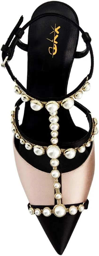 XYD Women Strappy Pumps Pearls Ornaments Pointed Toe Mid Heel Sandals Slingback Bridal Wedding Evening Dress Shoes