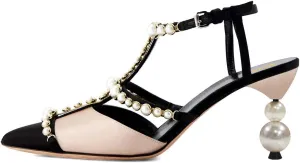 XYD Women Strappy Pumps Pearls Ornaments Pointed Toe Mid Heel Sandals Slingback Bridal Wedding Evening Dress Shoes