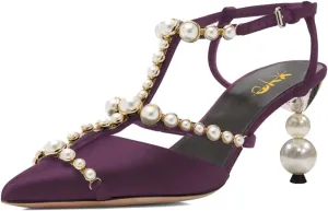 XYD Women Strappy Pumps Pearls Ornaments Pointed Toe Mid Heel Sandals Slingback Bridal Wedding Evening Dress Shoes
