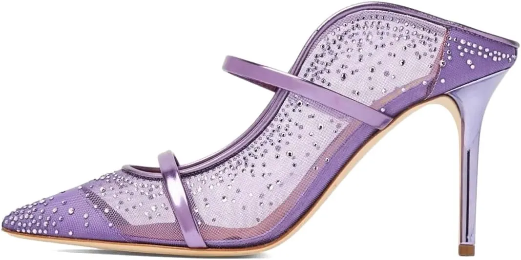 XYD Women's Stylish Heeled Mule Pointed Toe Dual Straps Slip On Slides Sandals Slim Heels Bridal Party Evening Dress Pumps Shoes