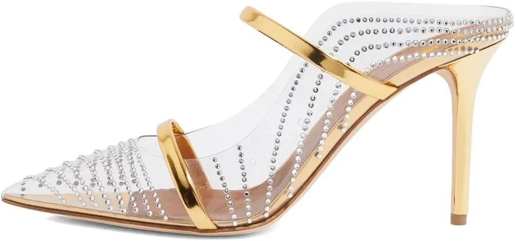 XYD Women's Stylish Heeled Mule Pointed Toe Dual Straps Slip On Slides Sandals Slim Heels Bridal Party Evening Dress Pumps Shoes