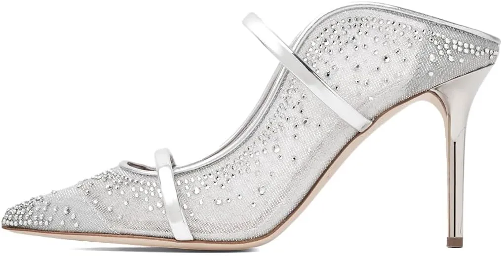 XYD Women's Stylish Heeled Mule Pointed Toe Dual Straps Slip On Slides Sandals Slim Heels Bridal Party Evening Dress Pumps Shoes
