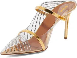 XYD Women's Stylish Heeled Mule Pointed Toe Dual Straps Slip On Slides Sandals Slim Heels Bridal Party Evening Dress Pumps Shoes