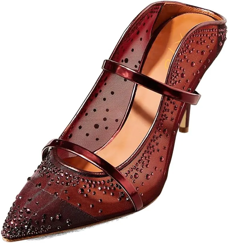 XYD Women's Stylish Heeled Mule Pointed Toe Dual Straps Slip On Slides Sandals Slim Heels Bridal Party Evening Dress Pumps Shoes