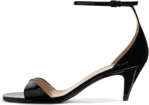 YDN Women Peep Toe Ankle Straps Pumps Cone Mid Heel Sandals Buckled Glossy Shoes