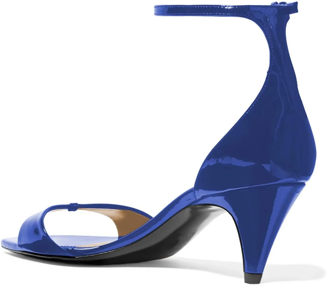 YDN Women Peep Toe Ankle Straps Pumps Cone Mid Heel Sandals Buckled Glossy Shoes