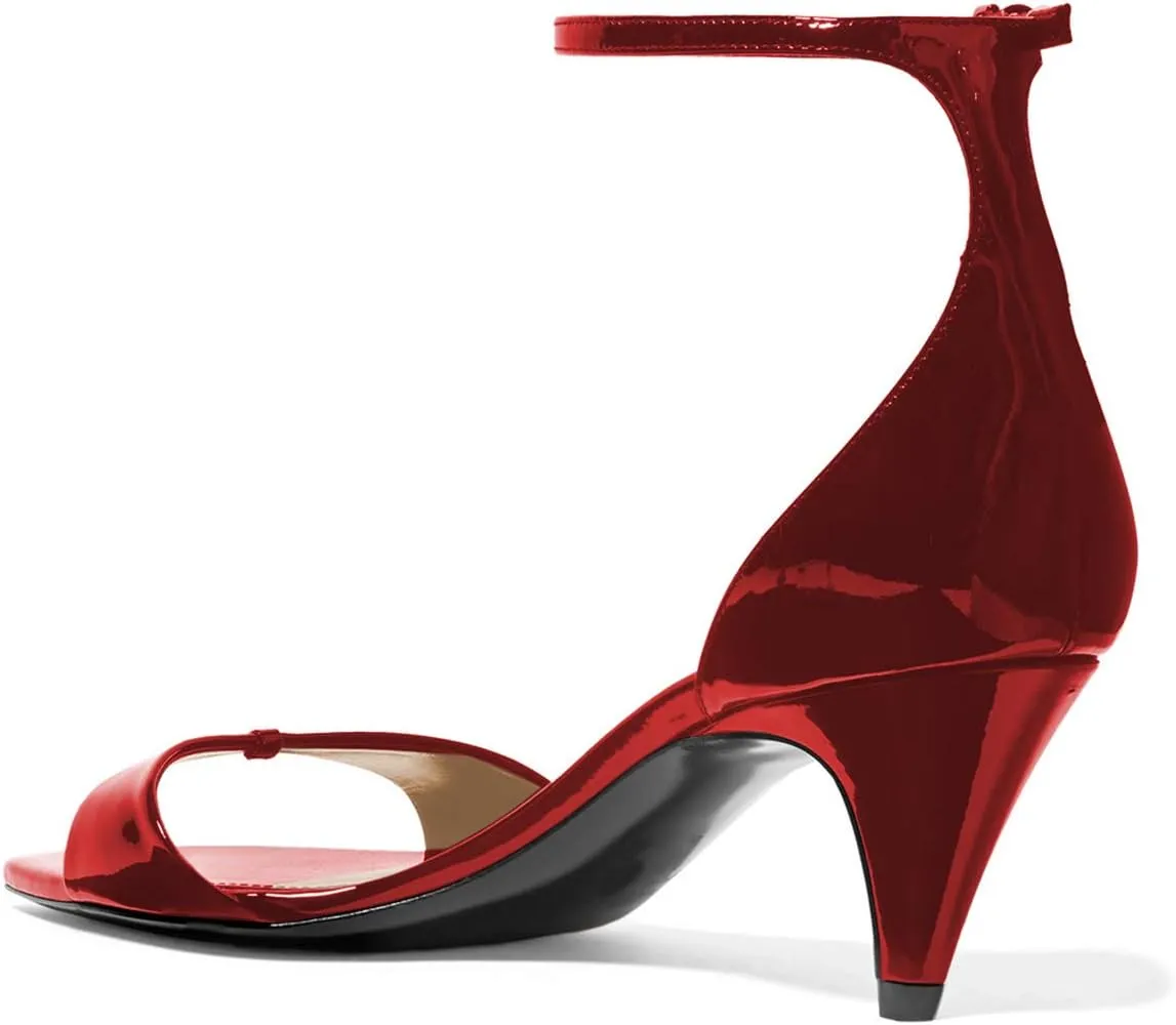 YDN Women Peep Toe Ankle Straps Pumps Cone Mid Heel Sandals Buckled Glossy Shoes