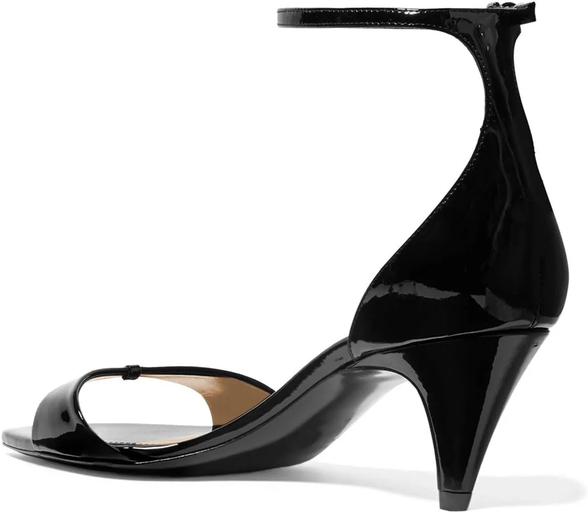 YDN Women Peep Toe Ankle Straps Pumps Cone Mid Heel Sandals Buckled Glossy Shoes