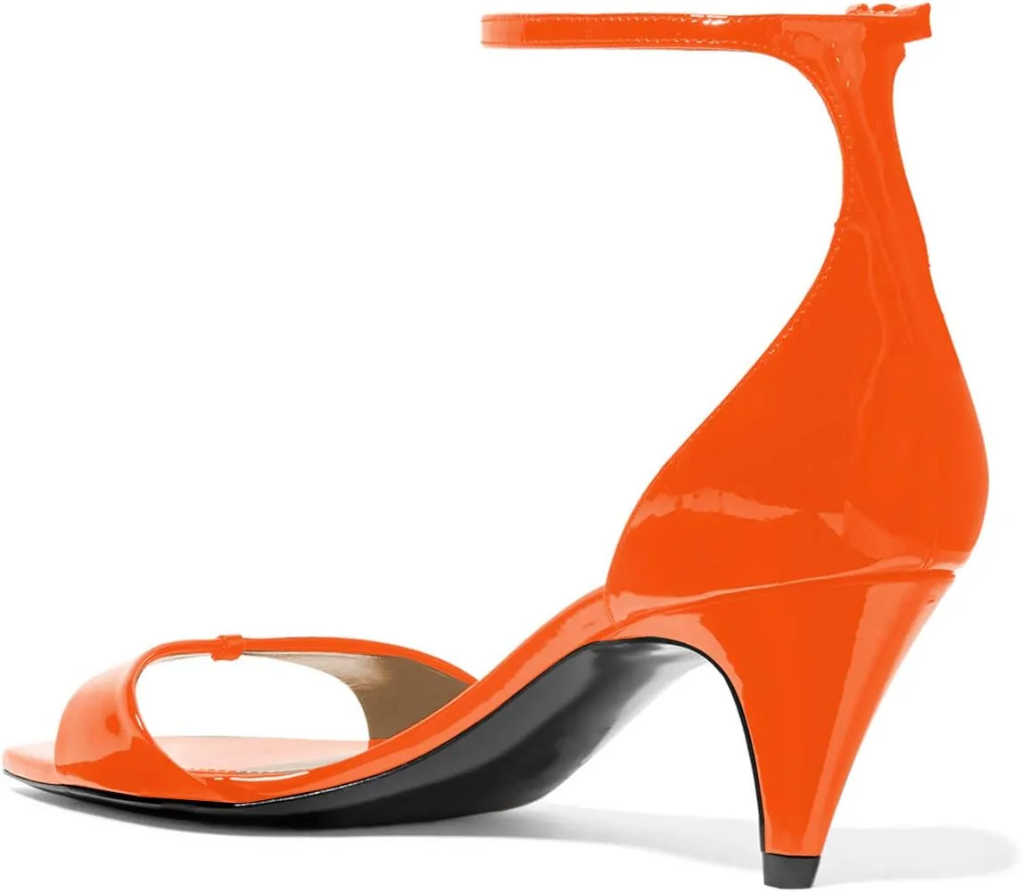 YDN Women Peep Toe Ankle Straps Pumps Cone Mid Heel Sandals Buckled Glossy Shoes