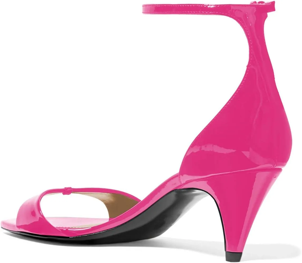 YDN Women Peep Toe Ankle Straps Pumps Cone Mid Heel Sandals Buckled Glossy Shoes