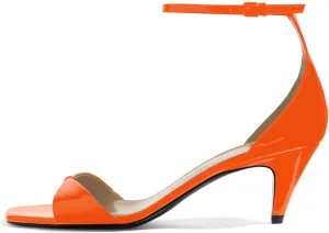 YDN Women Peep Toe Ankle Straps Pumps Cone Mid Heel Sandals Buckled Glossy Shoes