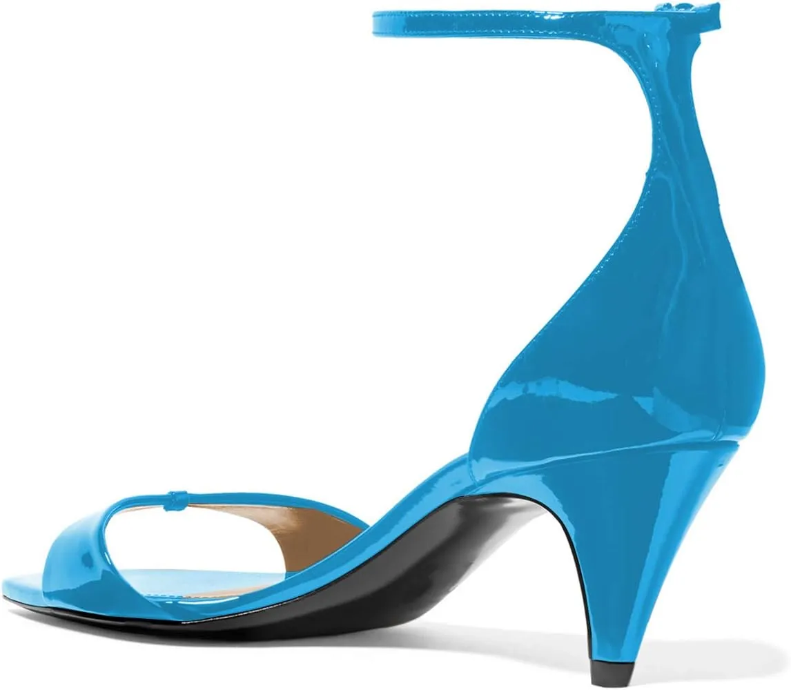 YDN Women Peep Toe Ankle Straps Pumps Cone Mid Heel Sandals Buckled Glossy Shoes