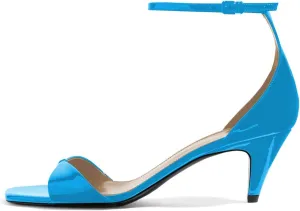 YDN Women Peep Toe Ankle Straps Pumps Cone Mid Heel Sandals Buckled Glossy Shoes