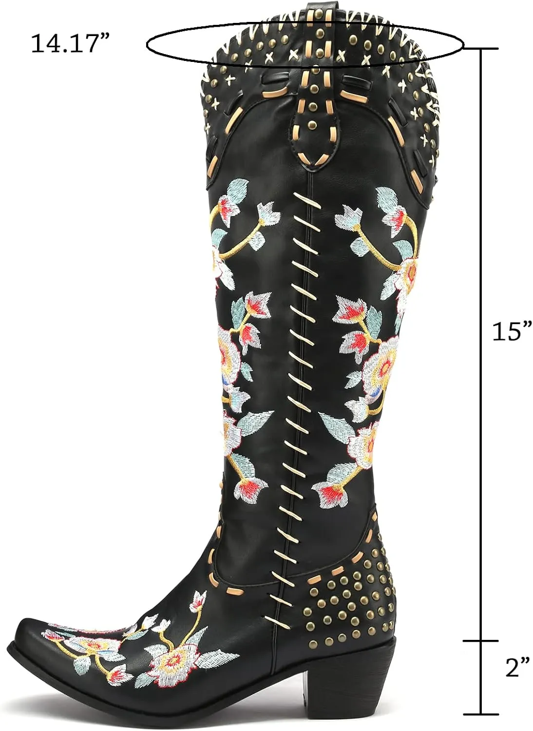 YIYA Women's Star Cowboy Boots Black and White Cowgirl Boots with White Stars Pointed Toe Chunky Low Heel Pull-On Wide Calf Western Embroidered Boots