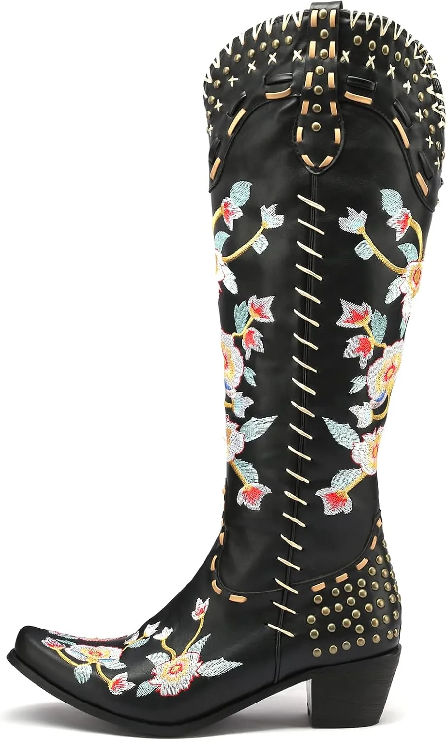 YIYA Women's Star Cowboy Boots Black and White Cowgirl Boots with White Stars Pointed Toe Chunky Low Heel Pull-On Wide Calf Western Embroidered Boots