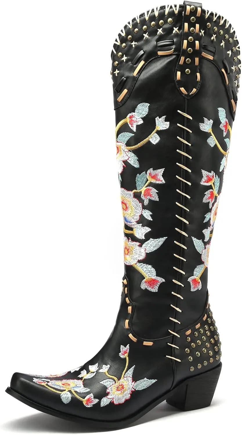YIYA Women's Star Cowboy Boots Black and White Cowgirl Boots with White Stars Pointed Toe Chunky Low Heel Pull-On Wide Calf Western Embroidered Boots