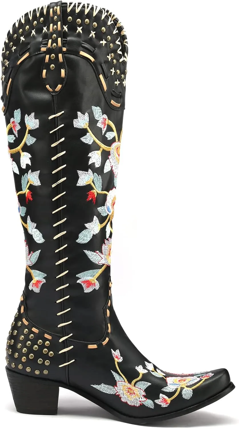 YIYA Women's Star Cowboy Boots Black and White Cowgirl Boots with White Stars Pointed Toe Chunky Low Heel Pull-On Wide Calf Western Embroidered Boots