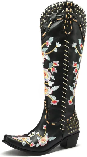 YIYA Women's Star Cowboy Boots Black and White Cowgirl Boots with White Stars Pointed Toe Chunky Low Heel Pull-On Wide Calf Western Embroidered Boots
