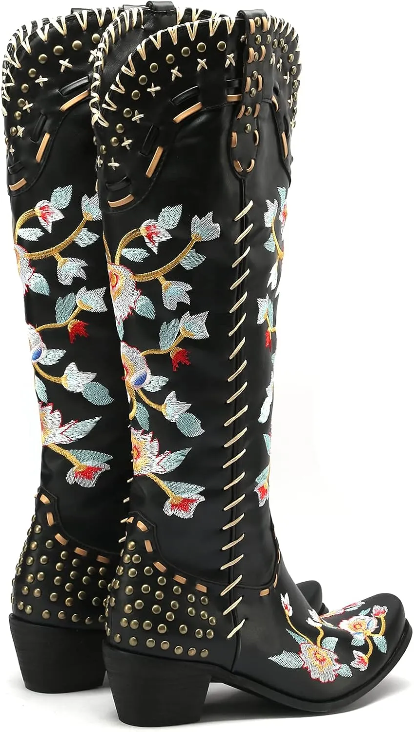YIYA Women's Star Cowboy Boots Black and White Cowgirl Boots with White Stars Pointed Toe Chunky Low Heel Pull-On Wide Calf Western Embroidered Boots