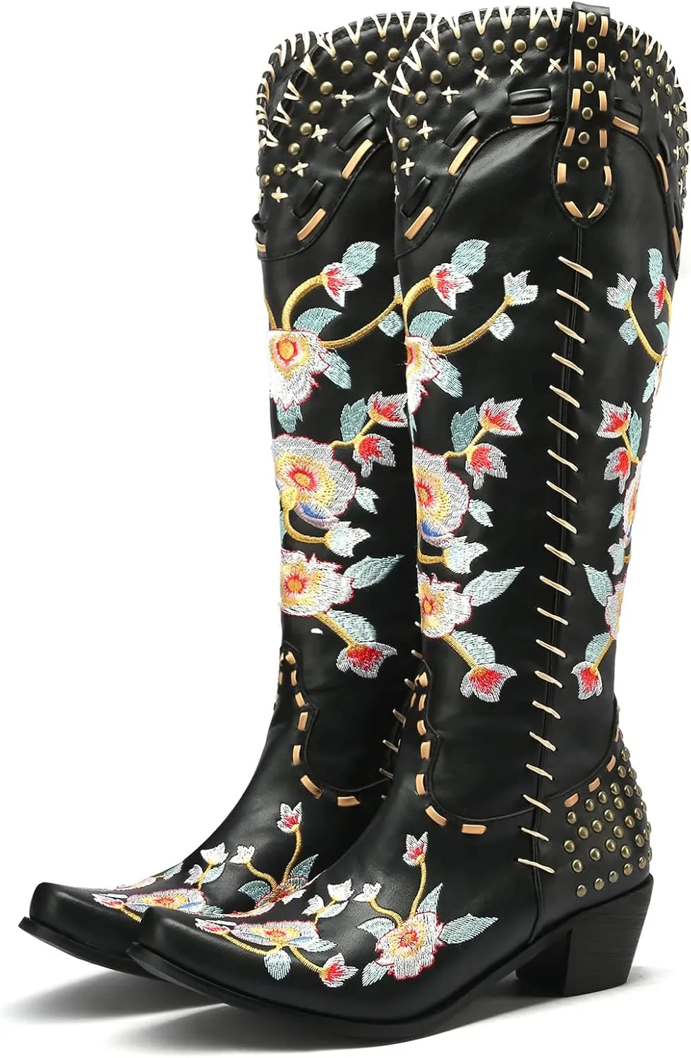 YIYA Women's Star Cowboy Boots Black and White Cowgirl Boots with White Stars Pointed Toe Chunky Low Heel Pull-On Wide Calf Western Embroidered Boots