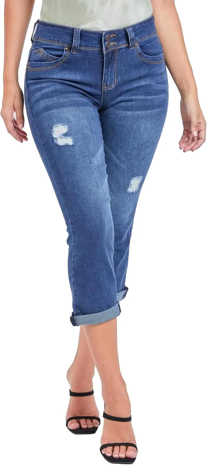YMI Women's Wannabettabutt Roll Up Cropped Jeans