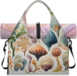 Yoga Tote Bag for Women Seashells Sea Plants Beach Bag with Shoe Storage & Yoga Mat Strap Waterproof Weekender Duffle Bag for Travel Fitness Weekend Trips