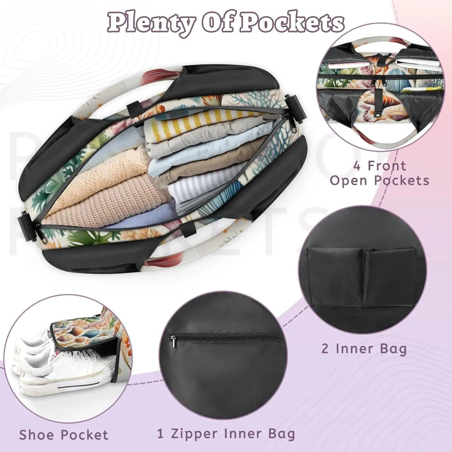 Yoga Tote Bag for Women Seashells Sea Plants Beach Bag with Shoe Storage & Yoga Mat Strap Waterproof Weekender Duffle Bag for Travel Fitness Weekend Trips